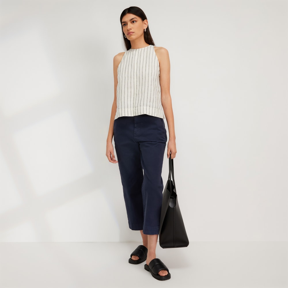 The Linen High-Neck Tank in Black / Canvas Tan — detail view