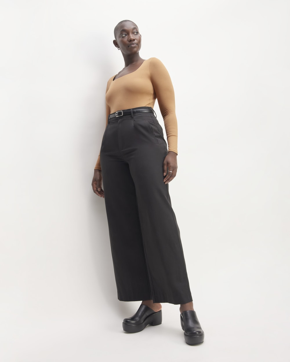 The Long-Sleeve Supima® Square-Neck Bodysuit in Tawny Brown — front view