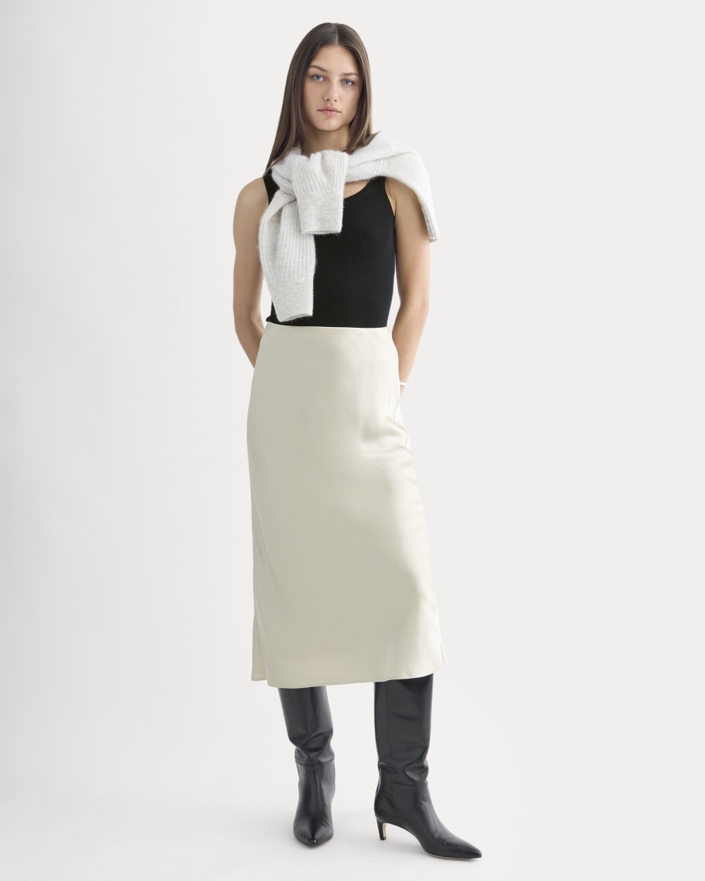 Slip Skirt in Silk Charmeuse in Peyote — front view