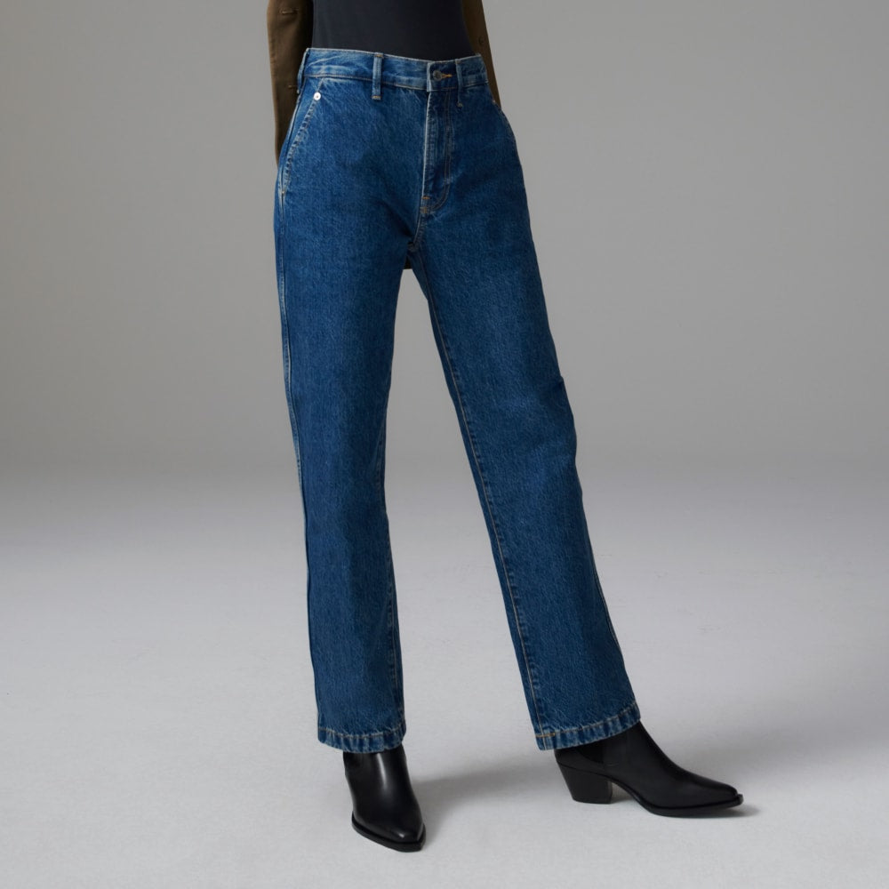 The Cinch Back Utility Jean in Vibrant Blue — front view