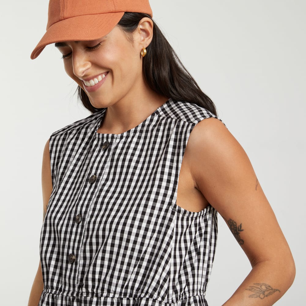 The Tiered Midi Dress in Black Gingham — detail view