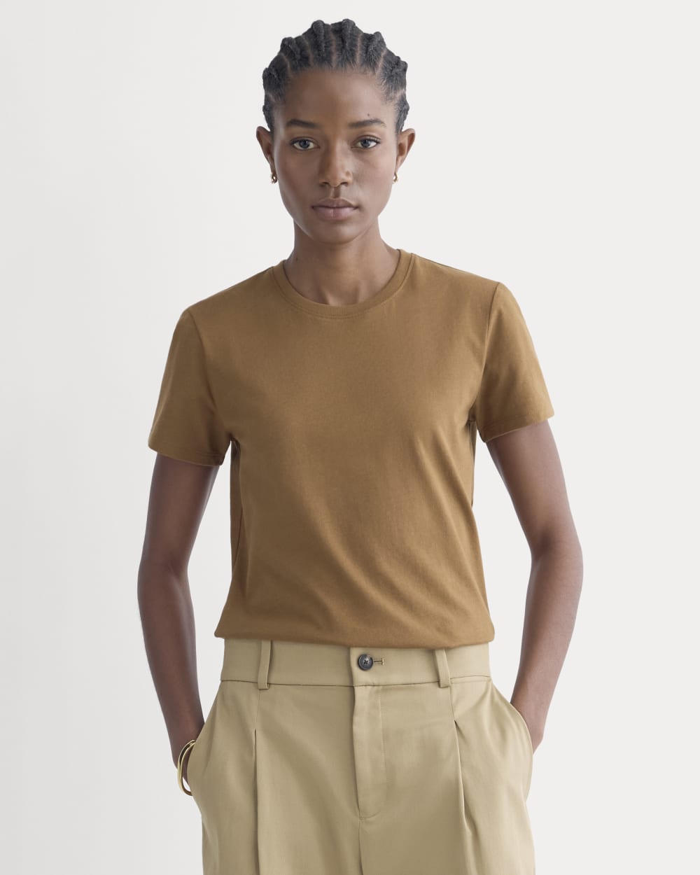 The Slim Crew in Essential Cotton in Toffee — front view