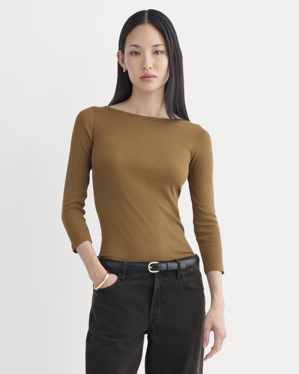 Luxe Rib 3/4 Sleeve Boatneck Tee in Toffee — front view