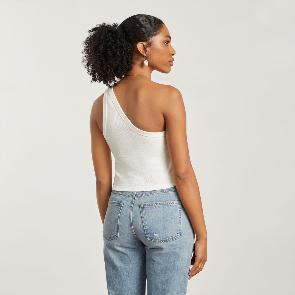 The Ribbed One-Shoulder Tank in White — detail view
