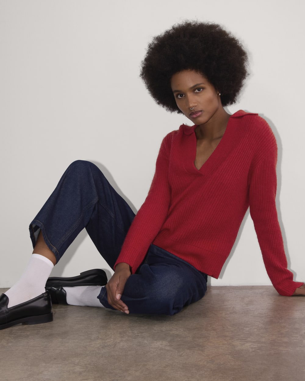 The Oversized Polo in Alpaca in Berry Red — detail view