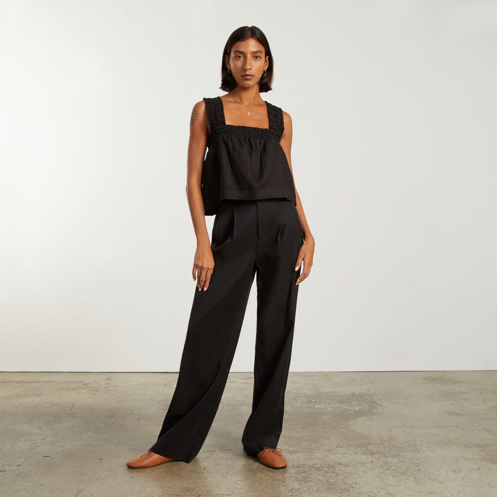The Smocked Linen Cami in Black — detail view