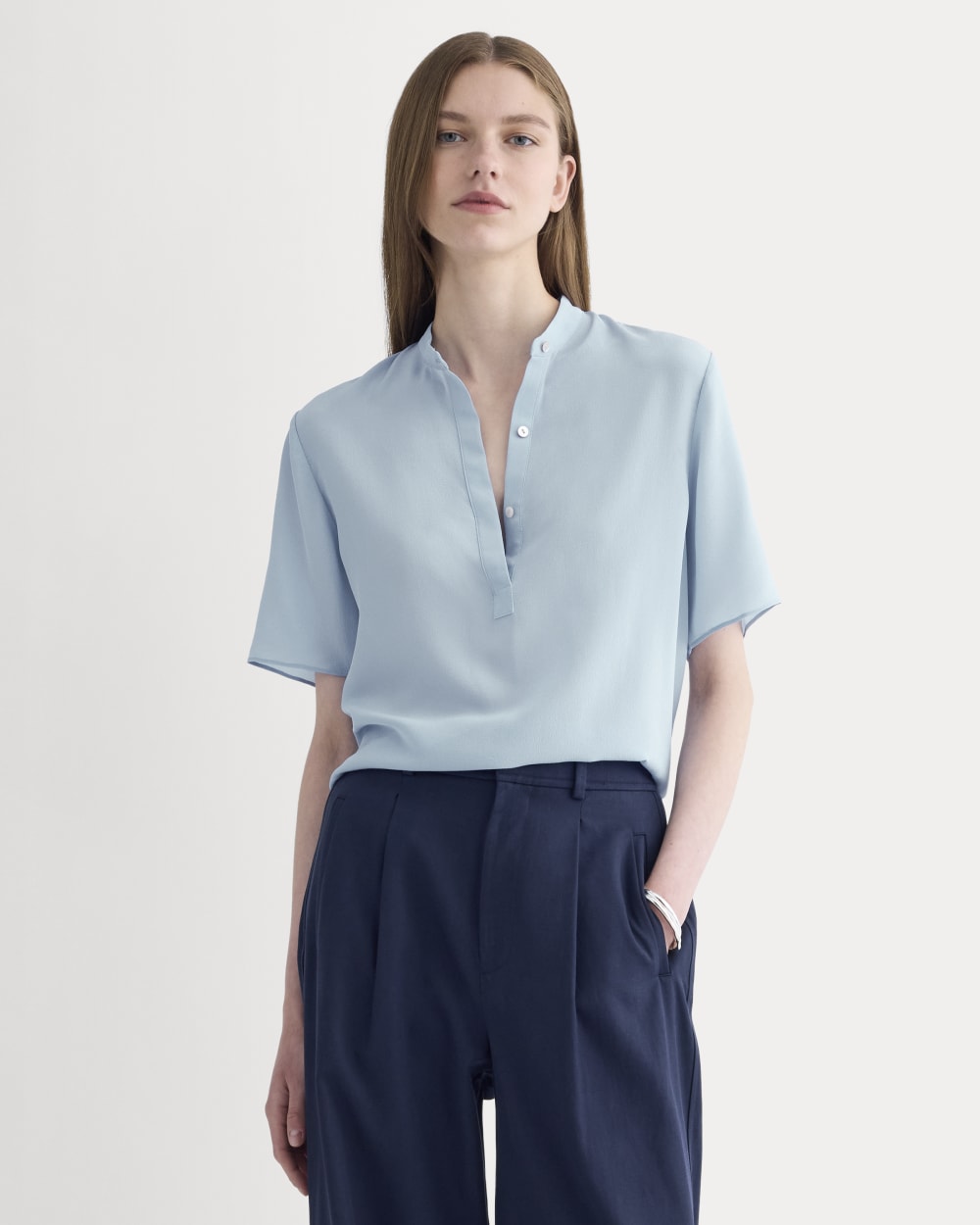 The Popover Top in Washable Silk in Soft Blue — front view