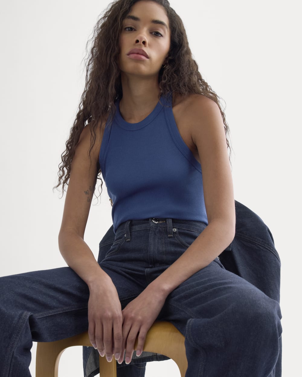 Luxe Rib Racerback Tank in Estate Blue — detail view