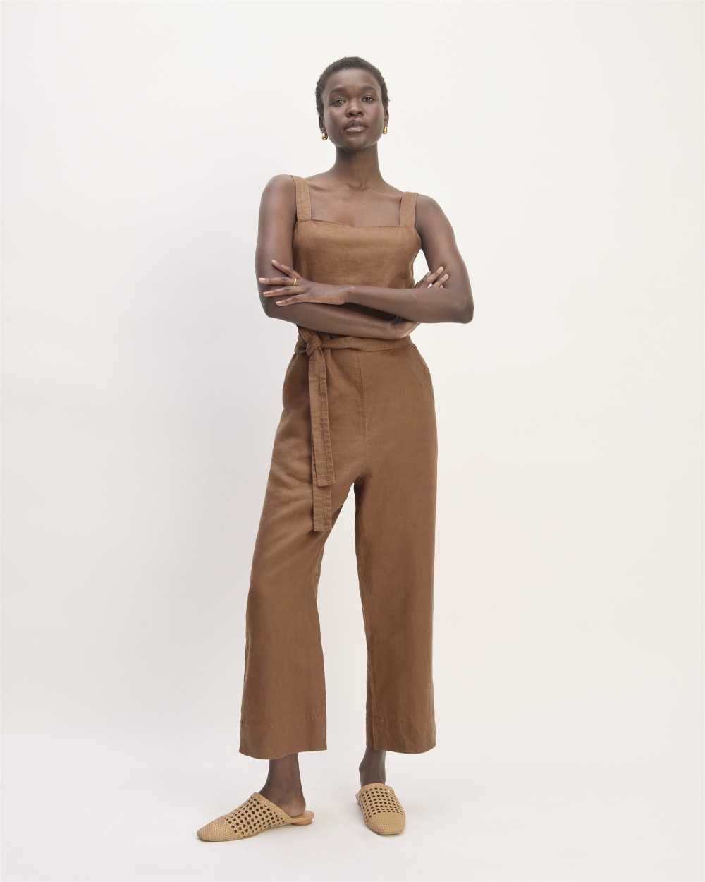 The Linen Side-Button Jumpsuit in Carob Brown — front view