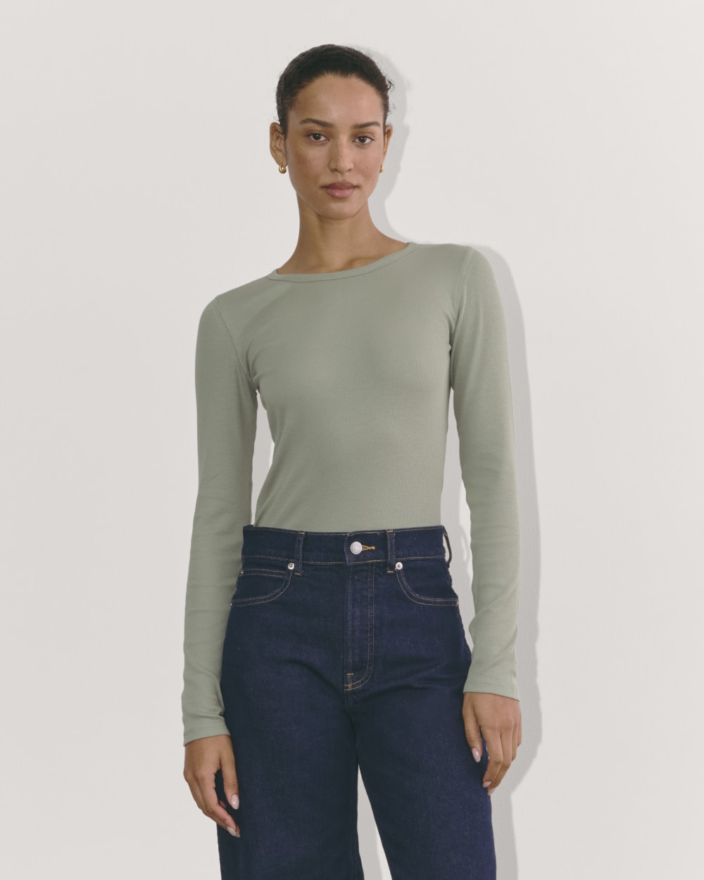 The Luxe Rib Long-Sleeve Crew in Sage Green — front view