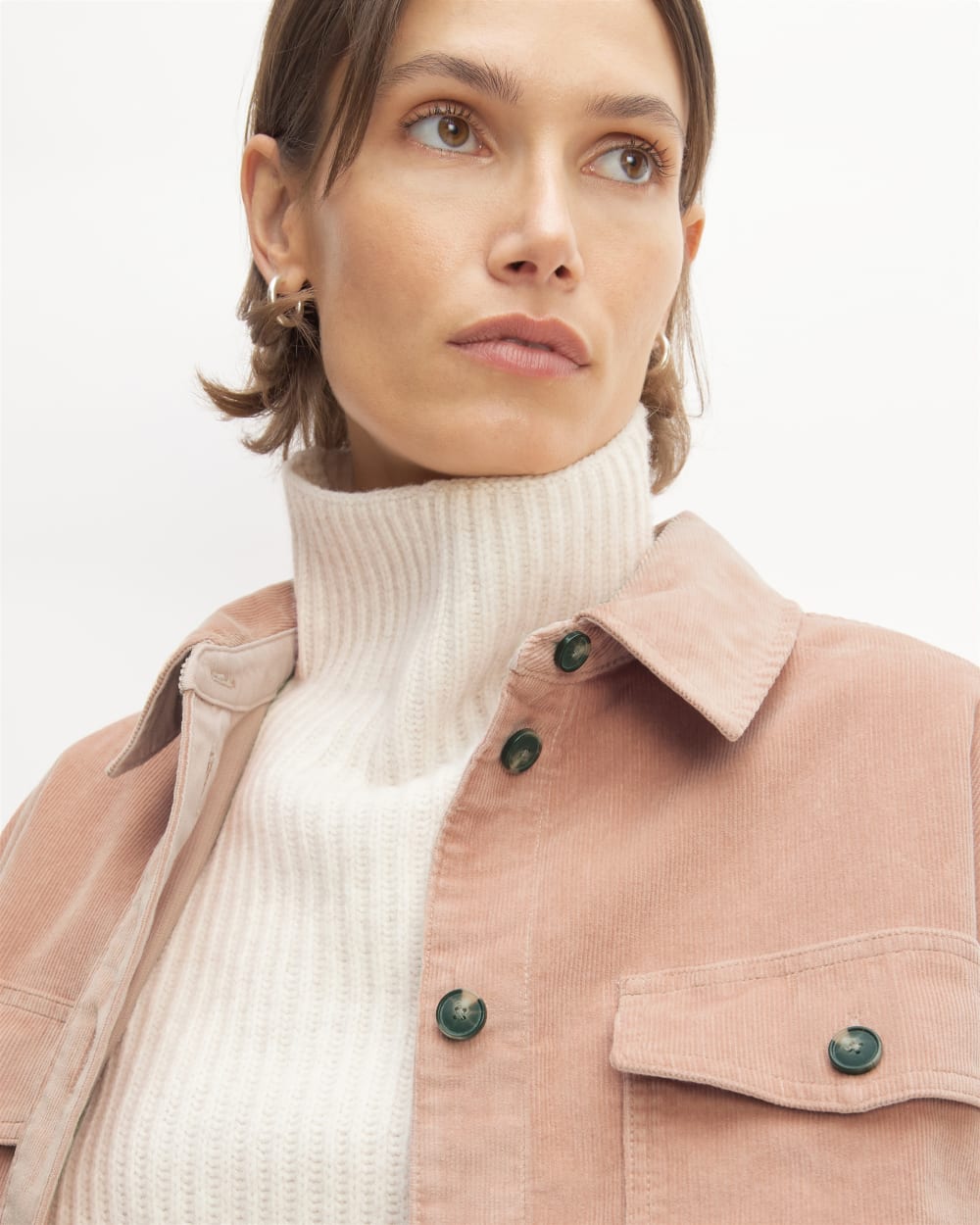 The Corduroy Oversized Shirt Jacket in Blush Pink — detail view