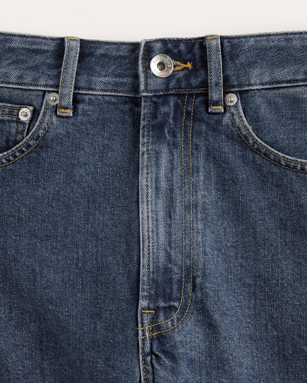 The A-Line Denim Short in Ocean — detail view
