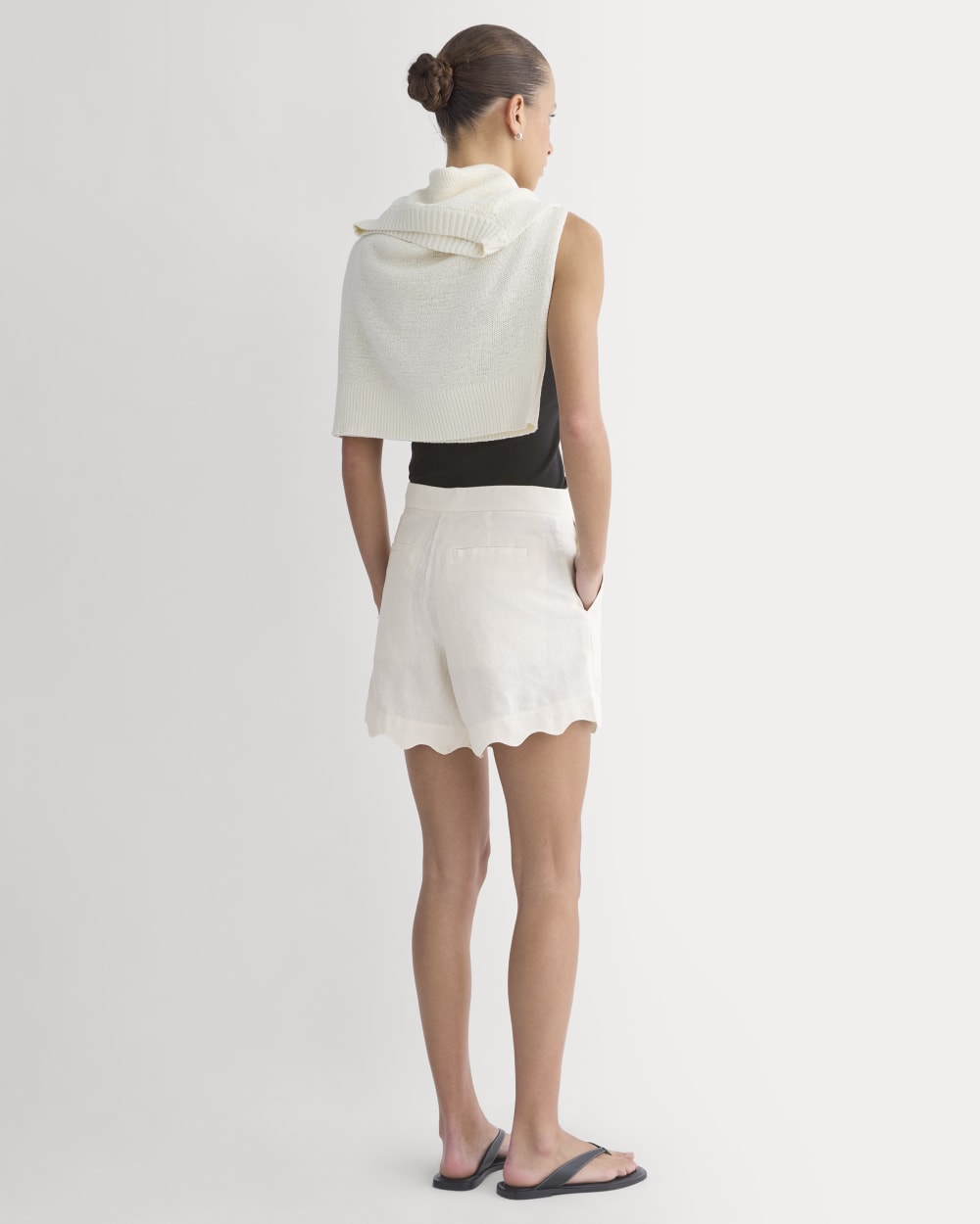 Scalloped Edge Short in Linen in Bone — detail view