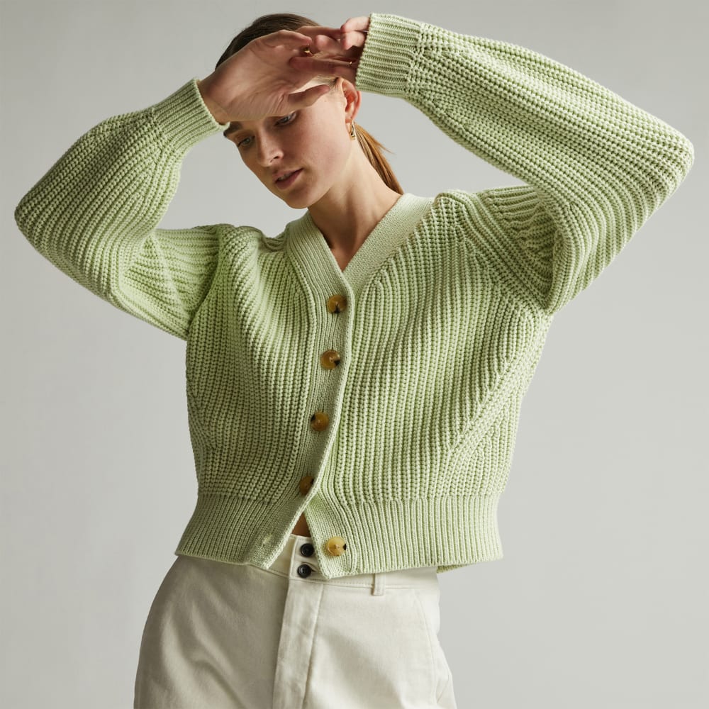 The Texture Cotton Cardigan in Seafoam Green — front view
