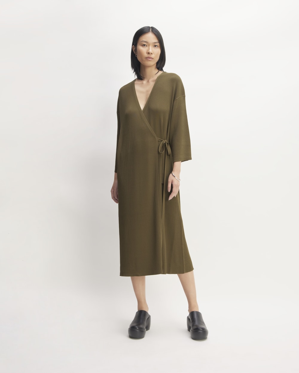 The Ribbed Wrap Midi Dress in Beech — front view