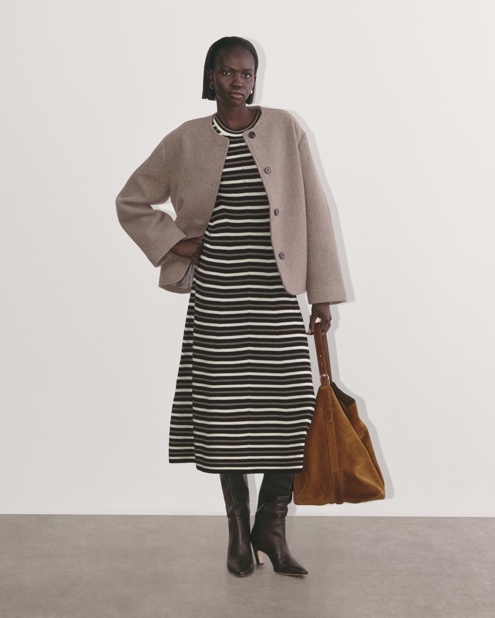 The Ribbed Sweater Dress in Taupe / Canvas / Black — detail view