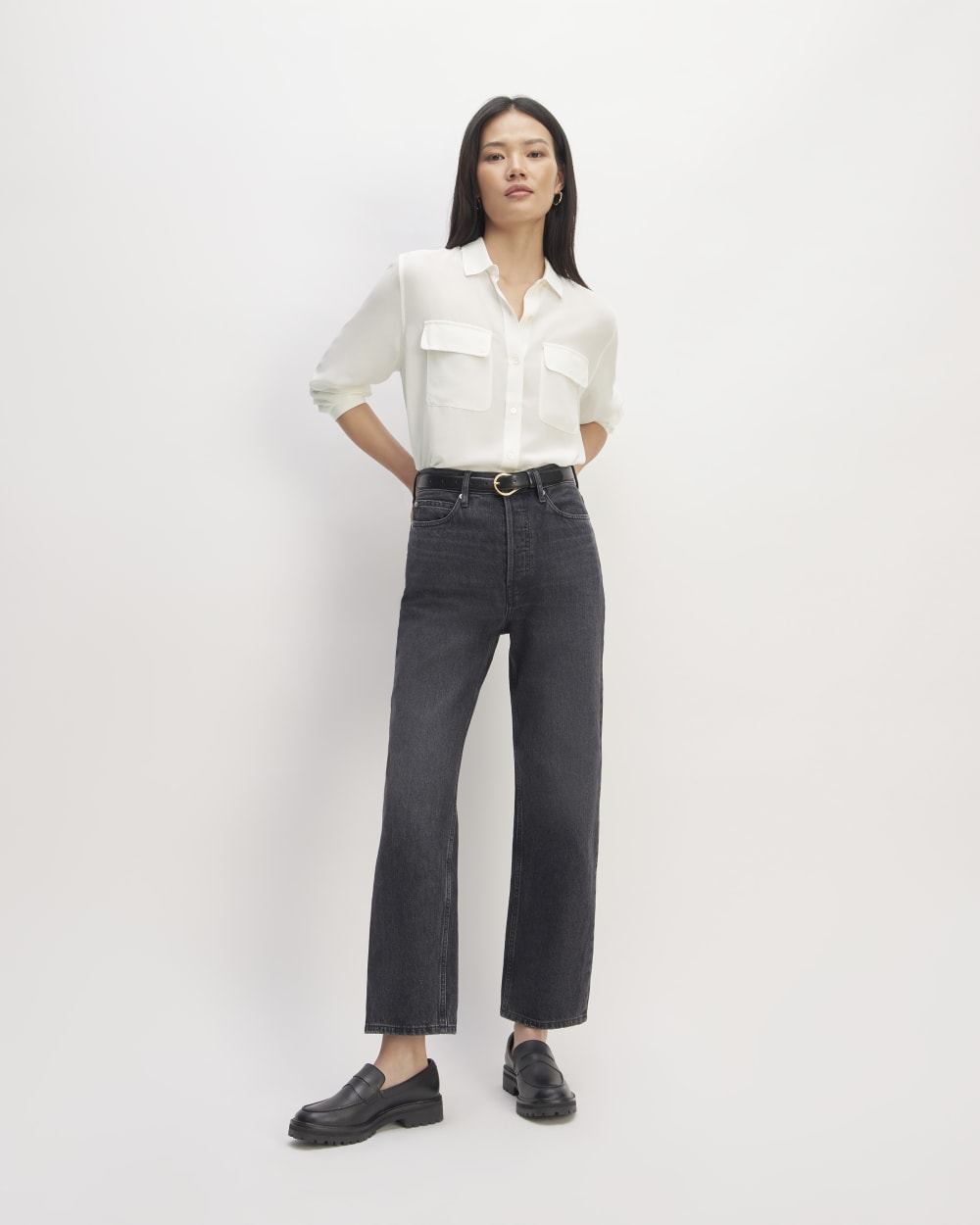 The Utility Shirt in Washable Silk in Off-White — detail view