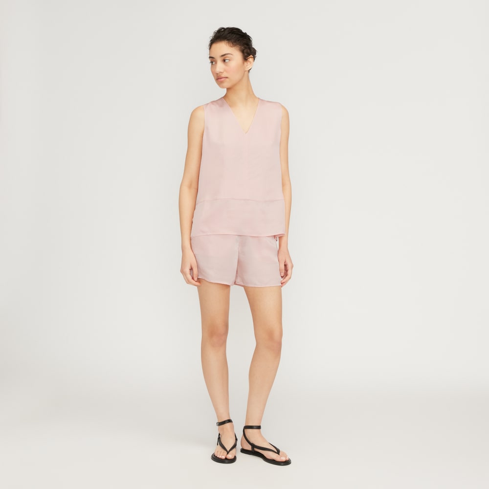 The Satin Pull-On Short in Petal Pink — detail view