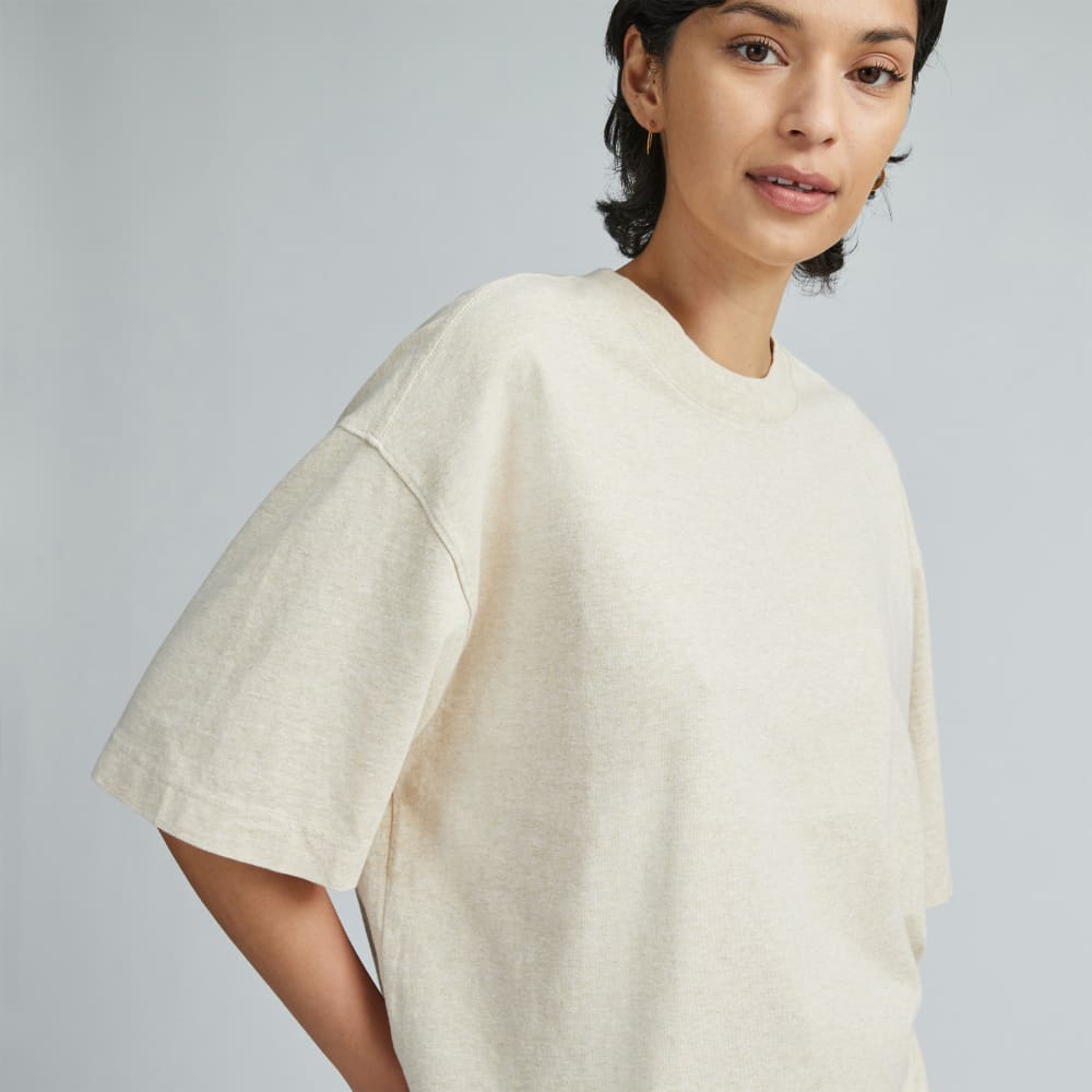 The Premium Weight Relaxed Tee in Heathered Cashew — detail view