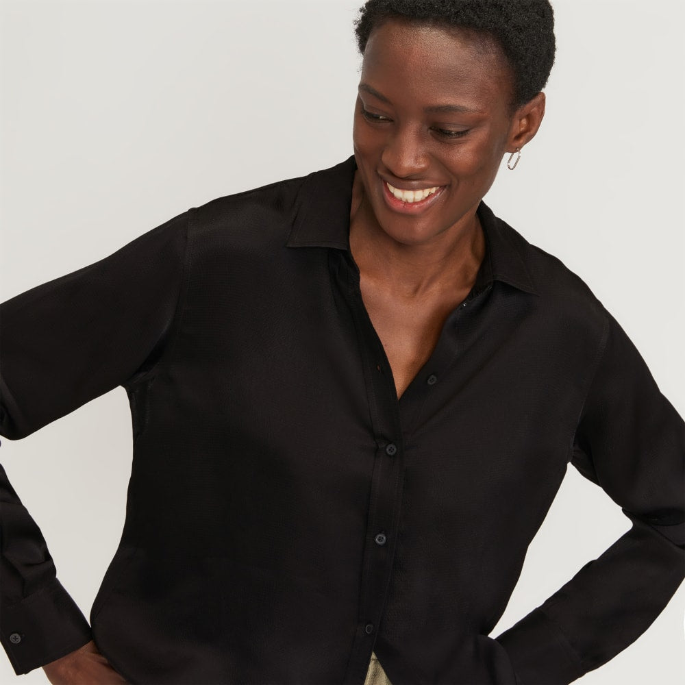 The Satin Relaxed Shirt in Black — detail view