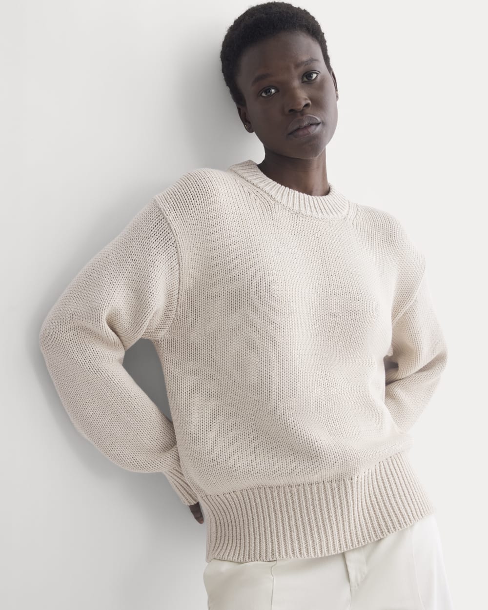 Oversized Cocoon Crew in Elevated Cotton in Peyote — front view