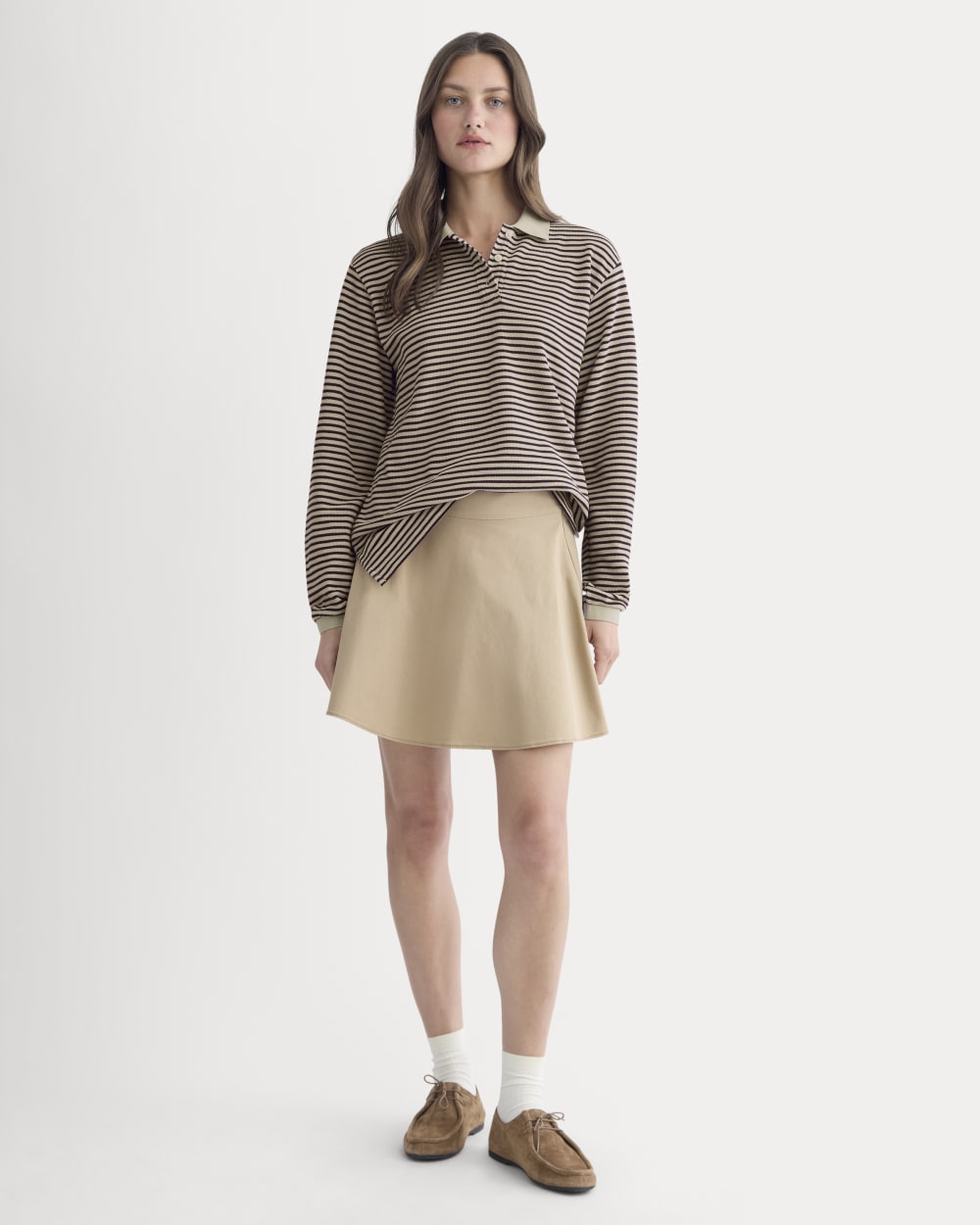 Oversized Pique Polo in Dusty Beige/Deep Plum Stripe — detail view