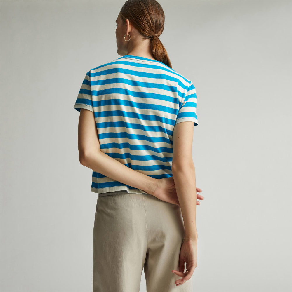 The Box-Cut Tee in Essential Cotton in Horizon Blue / Canvas Tan — detail view