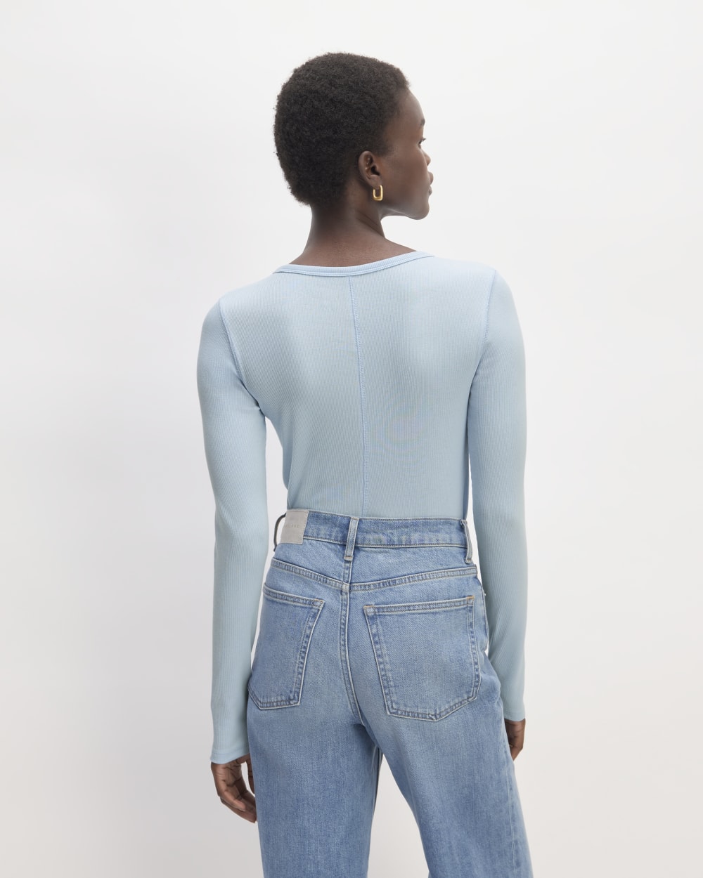 The Luxe Rib Long-Sleeve Crew in Chambray Blue — detail view