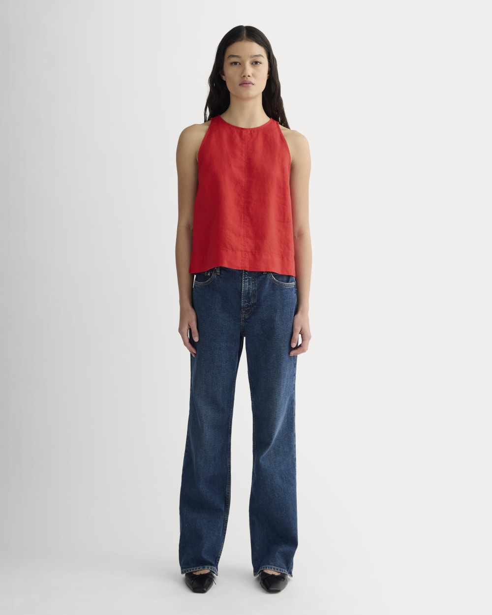 The Linen High-Neck Tank in Classic Red — detail view