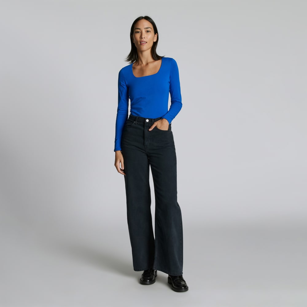 The Long-Sleeve Supima® Square-Neck Bodysuit in Lapis Blue — front view