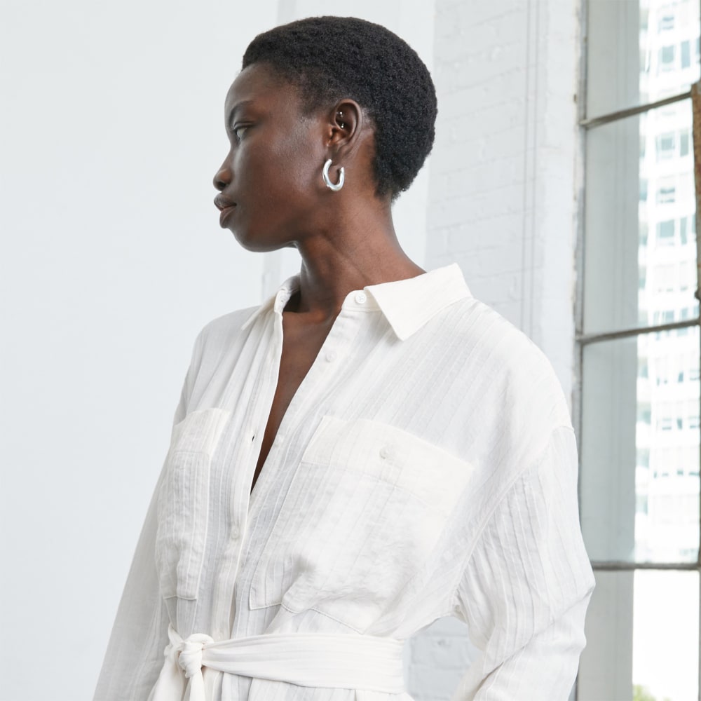 The City Stripe Draped Shirt Dress in Bone — detail view