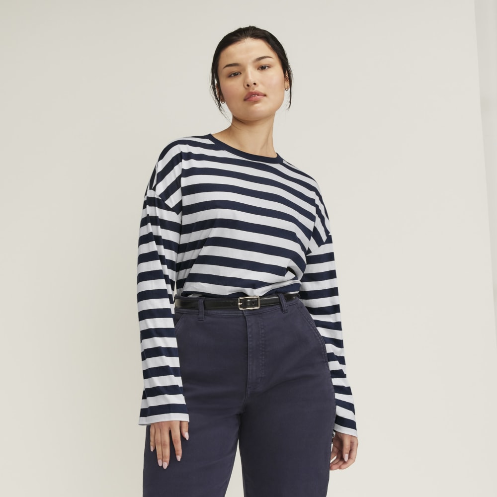 The Organic Cotton Relaxed Long Sleeve Tee in Navy / Canvas — front view
