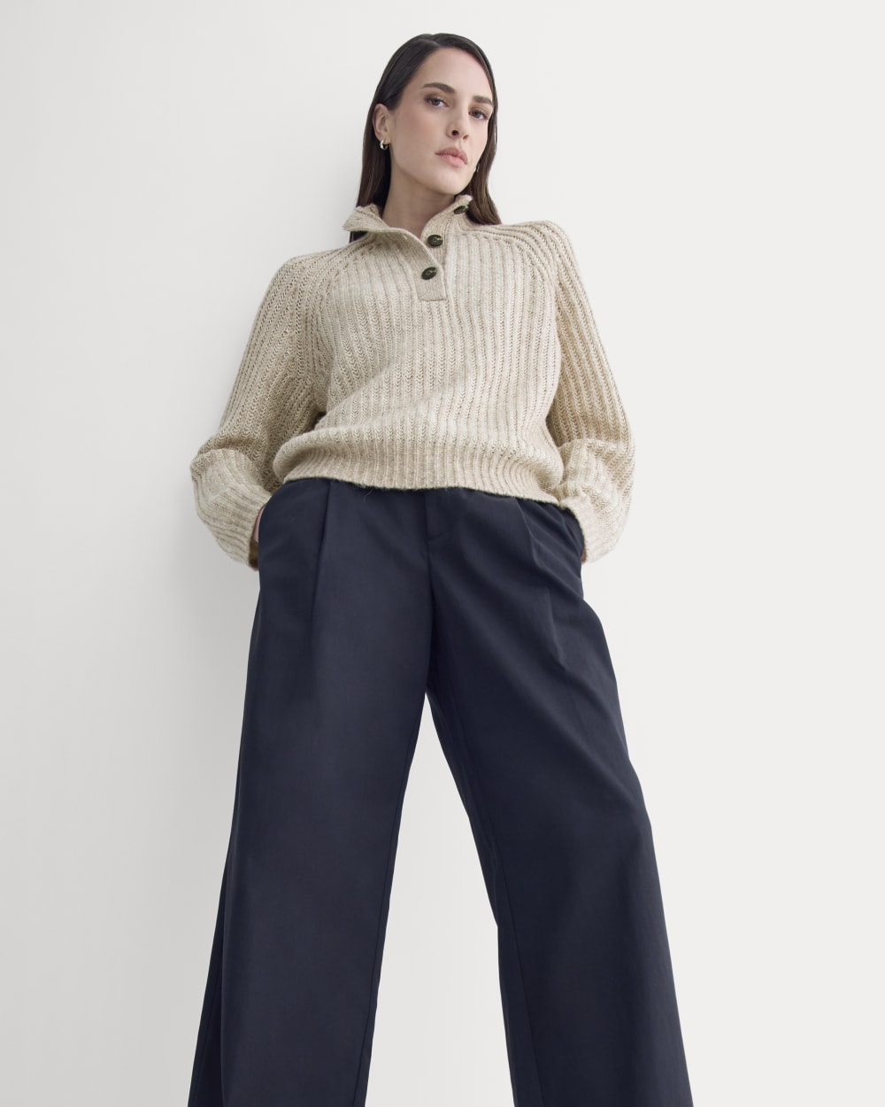 Funnel-Neck Ribbed Henley Sweater in Heathered Almond / Bone Vertical Stripe — detail view