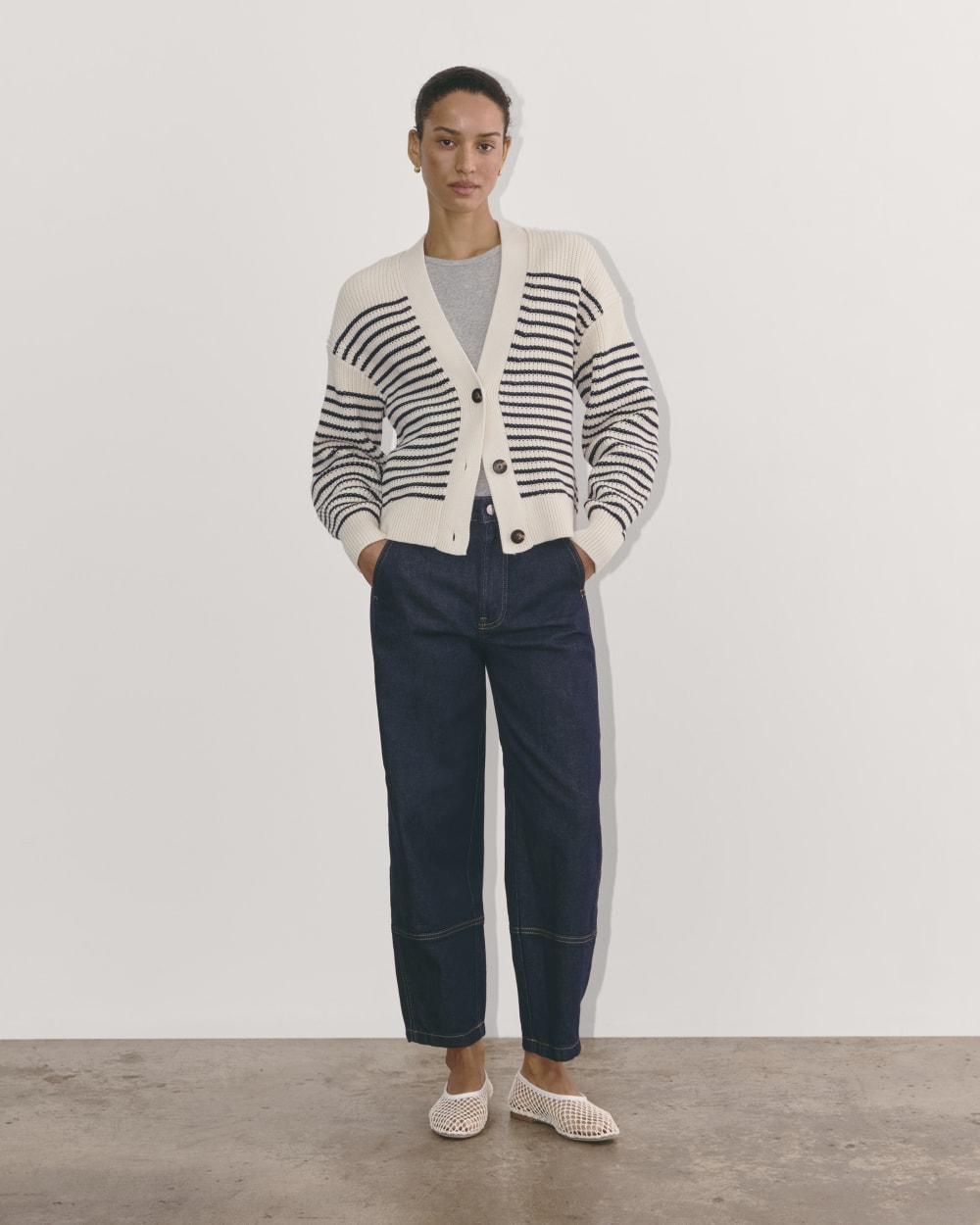 The Boxy Cardigan in Everyday Cotton in Canvas / Navy — detail view