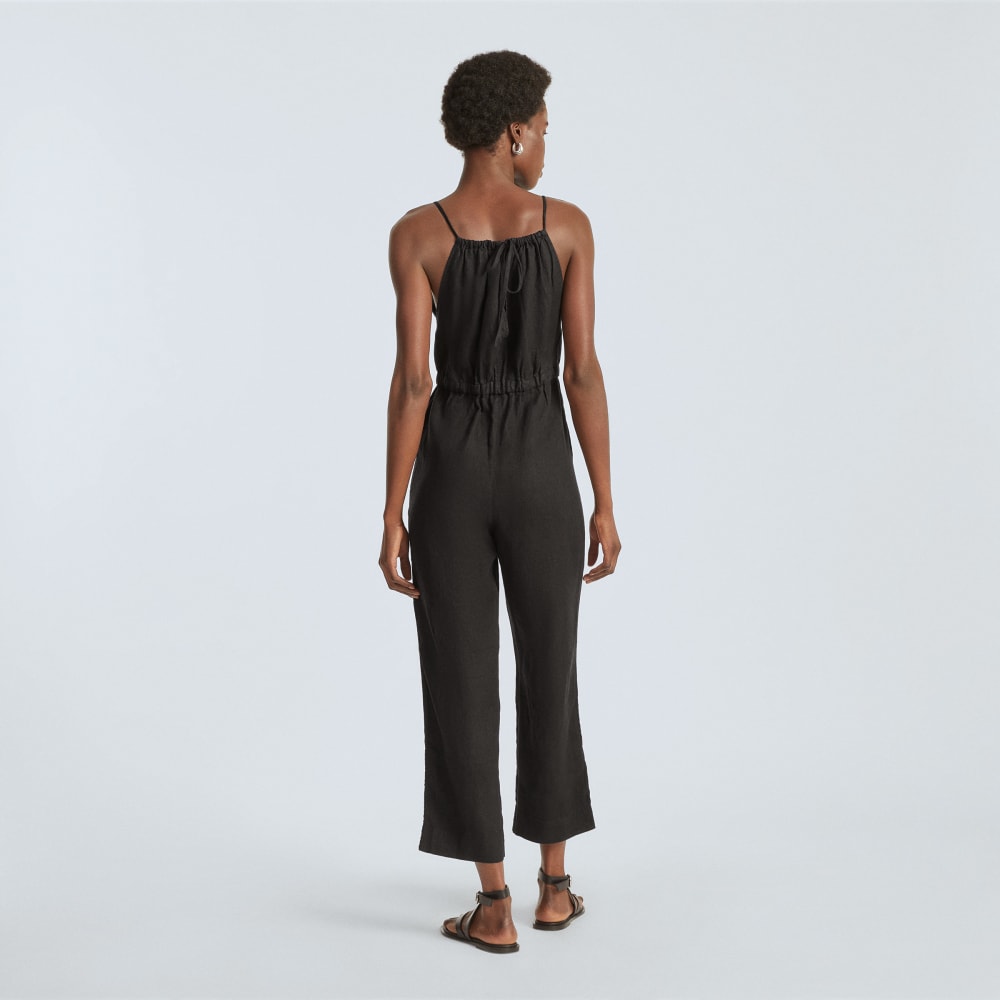 The Linen Shoestring Jumpsuit in Black — detail view