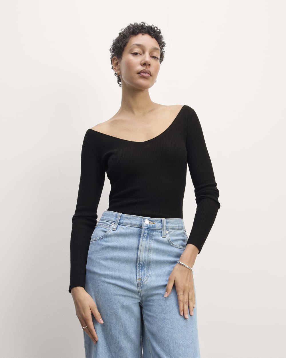 The Off-Shoulder Top in Ultrasoft Merino in Black — front view