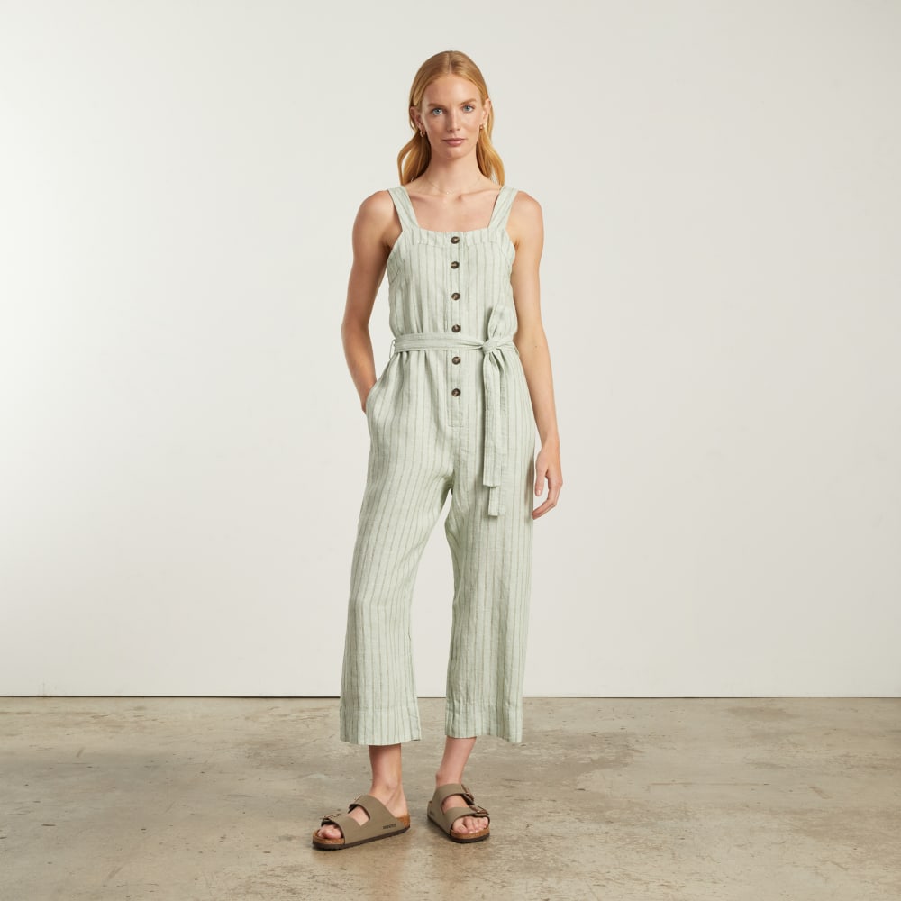 The Linen Jumpsuit in Seafoam Pinstripe — front view