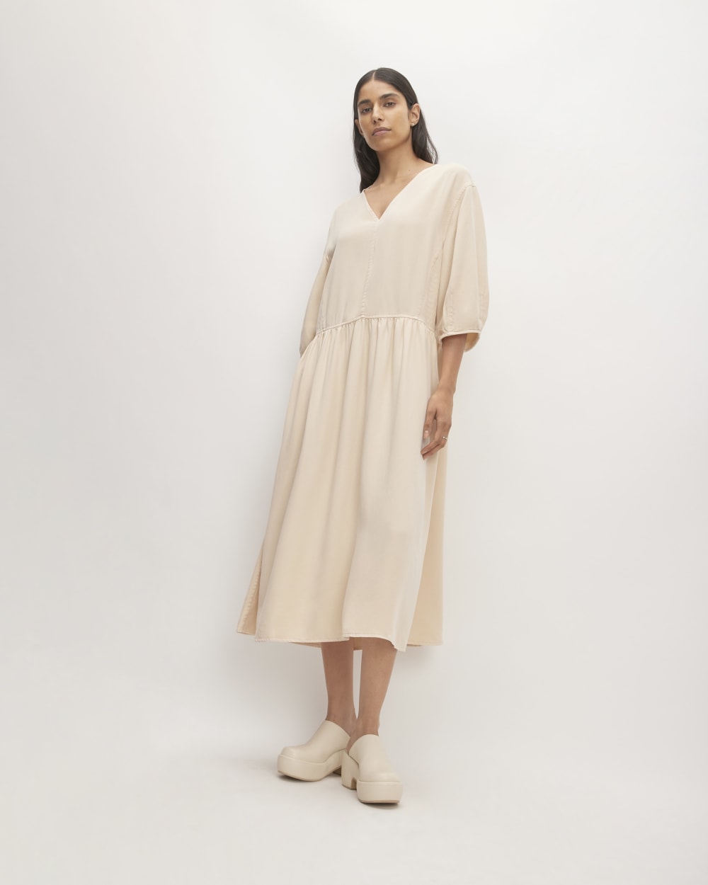 The TENCEL™ Puff-Sleeve Dress in Whisper Pink — front view