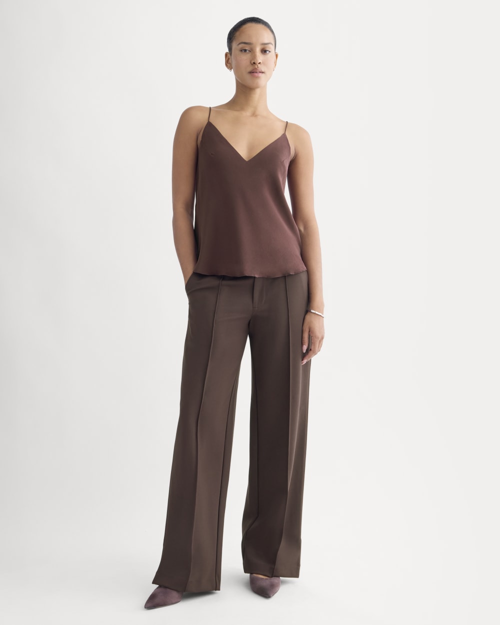 The Tie Back Cami in Washable Silk in Deep Plum — detail view