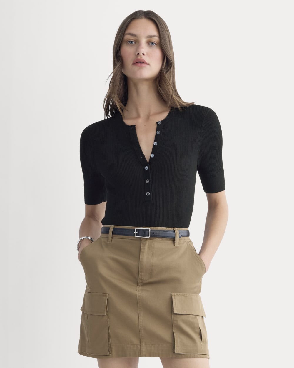 The Short-Sleeve Henley in Ultrasoft Merino in Black — front view