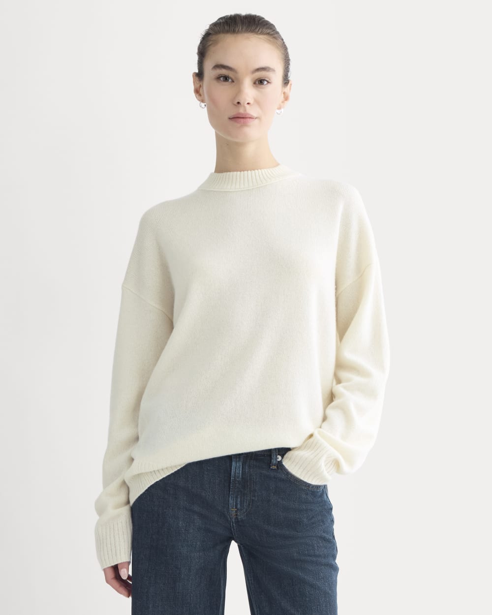 Cashmere Boyfriend Sweater in Snow — front view