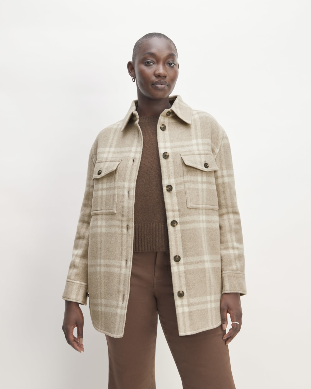 The Italian ReWool® Oversized Shirt Jacket in Taupe / Cream — front view