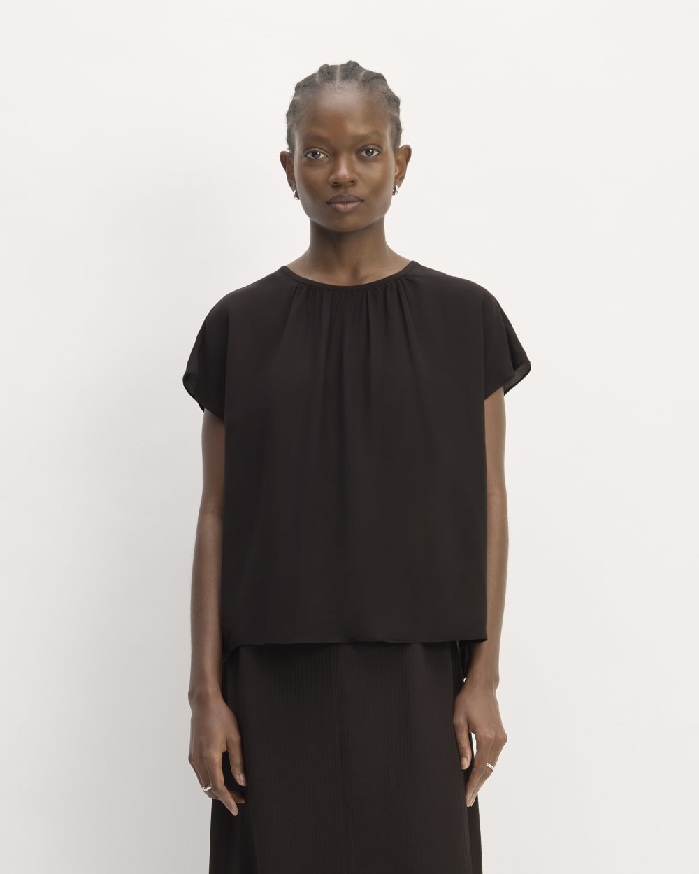 The Gathered Neck Top in Black — front view