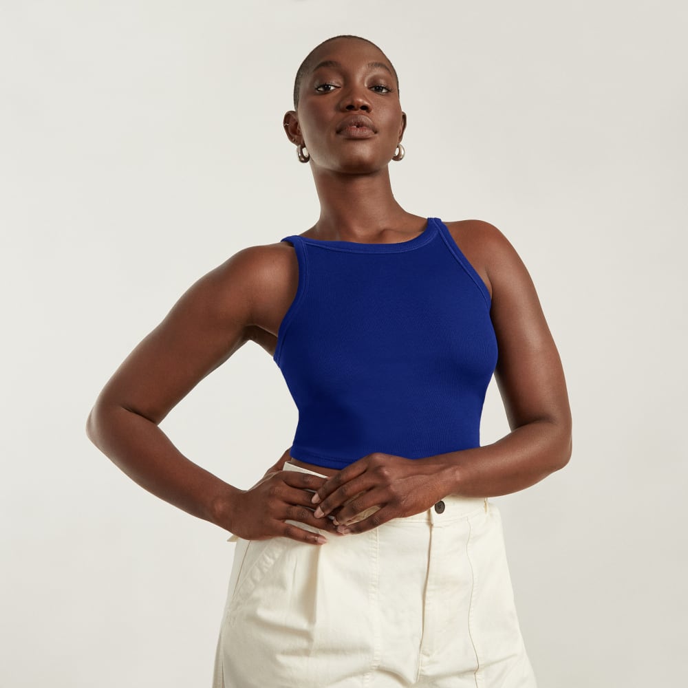 The Pima Micro-Rib Short Tank in Cobalt — detail view