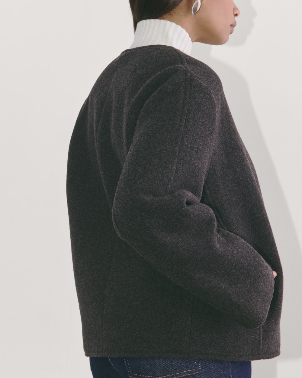 The Cocoon Coat in Wool in Heather Charcoal — detail view