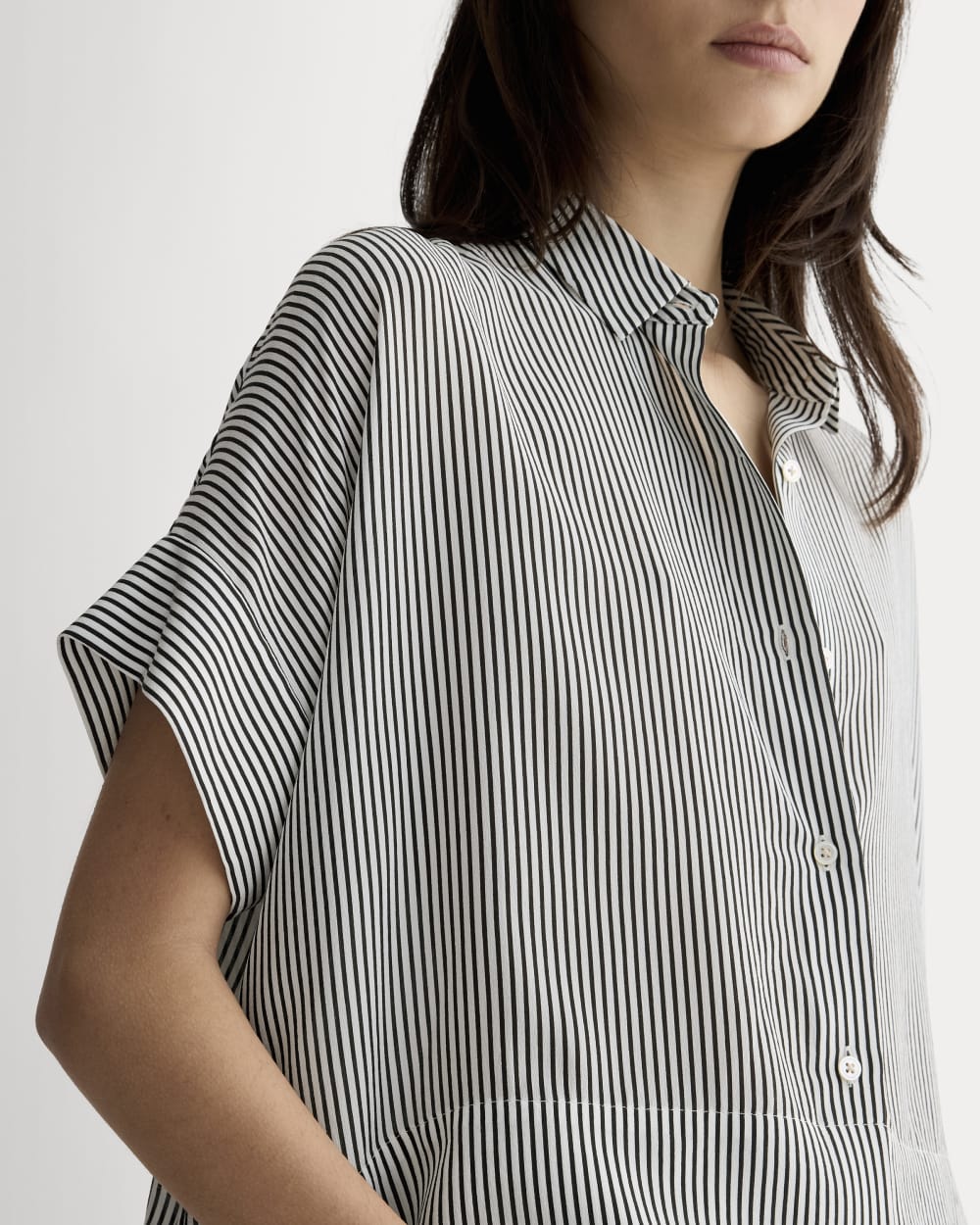 The Boxy Shirt in Washable Silk in Black Micro Stripe — detail view