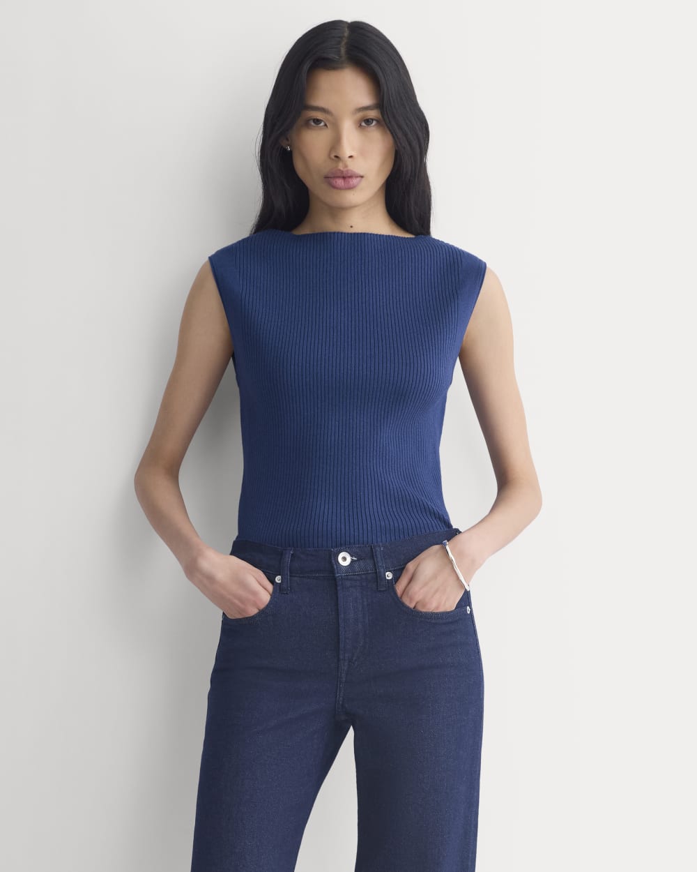 Boat-Neck Ribbed Knit in Estate Blue — front view