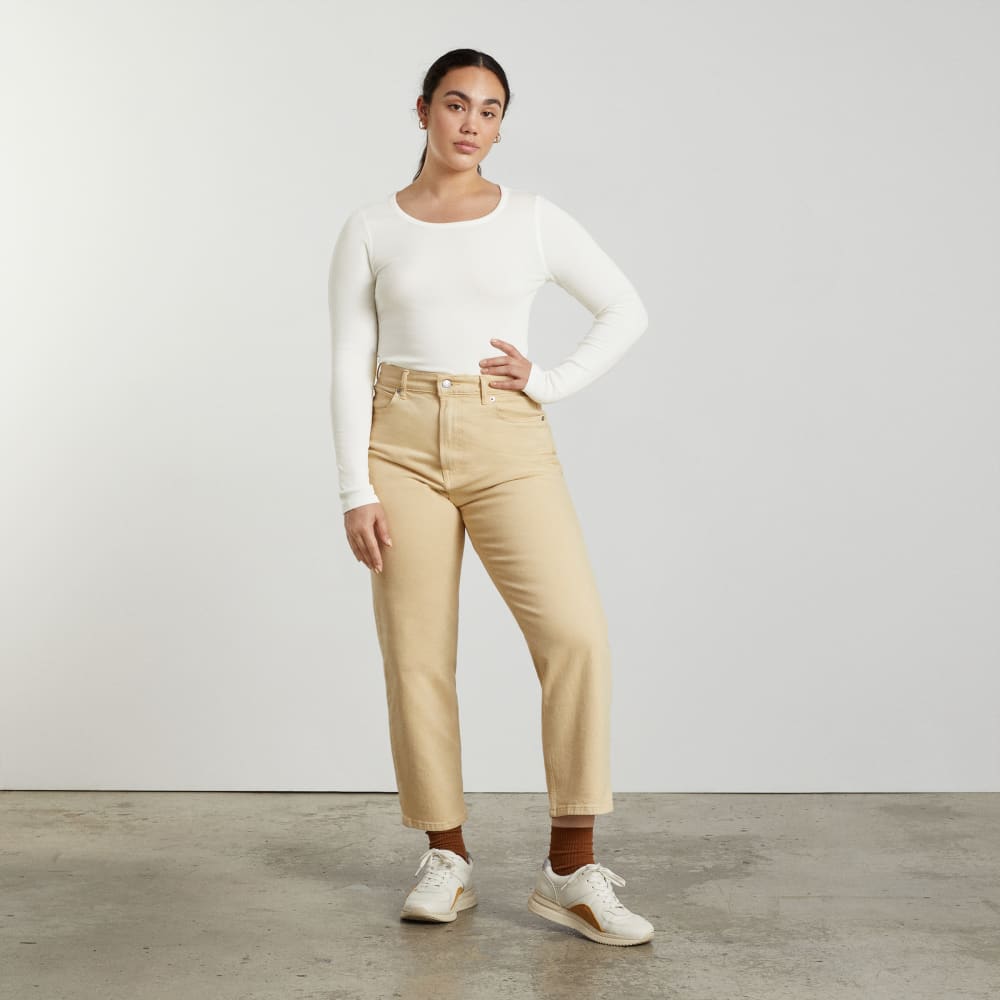 The Pima Micro-Rib Cropped Long-Sleeve Crew in White — detail view