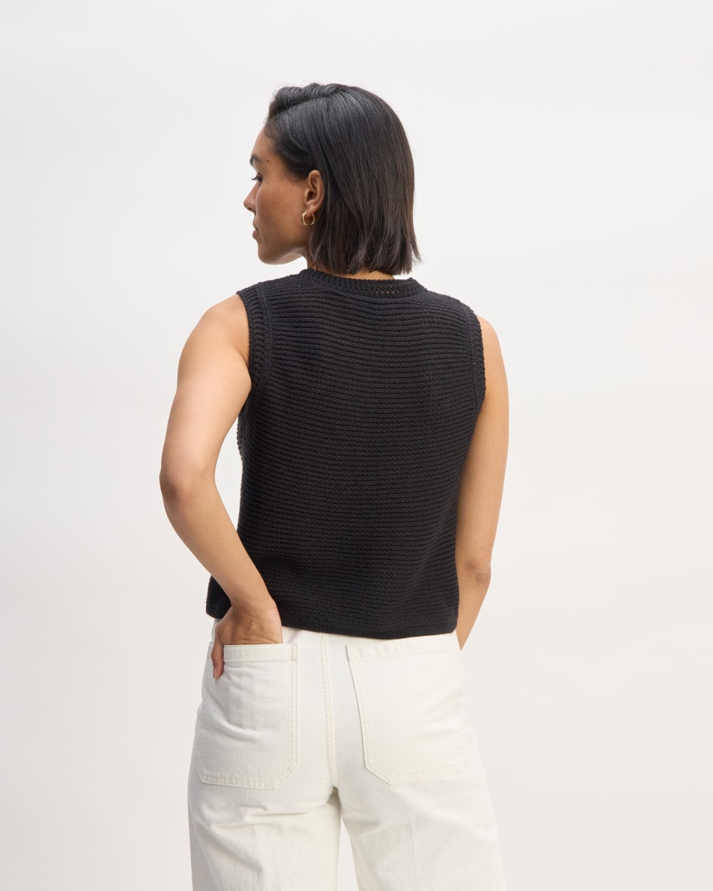 The Organic Cotton Open-Stitch Tank in Black — detail view