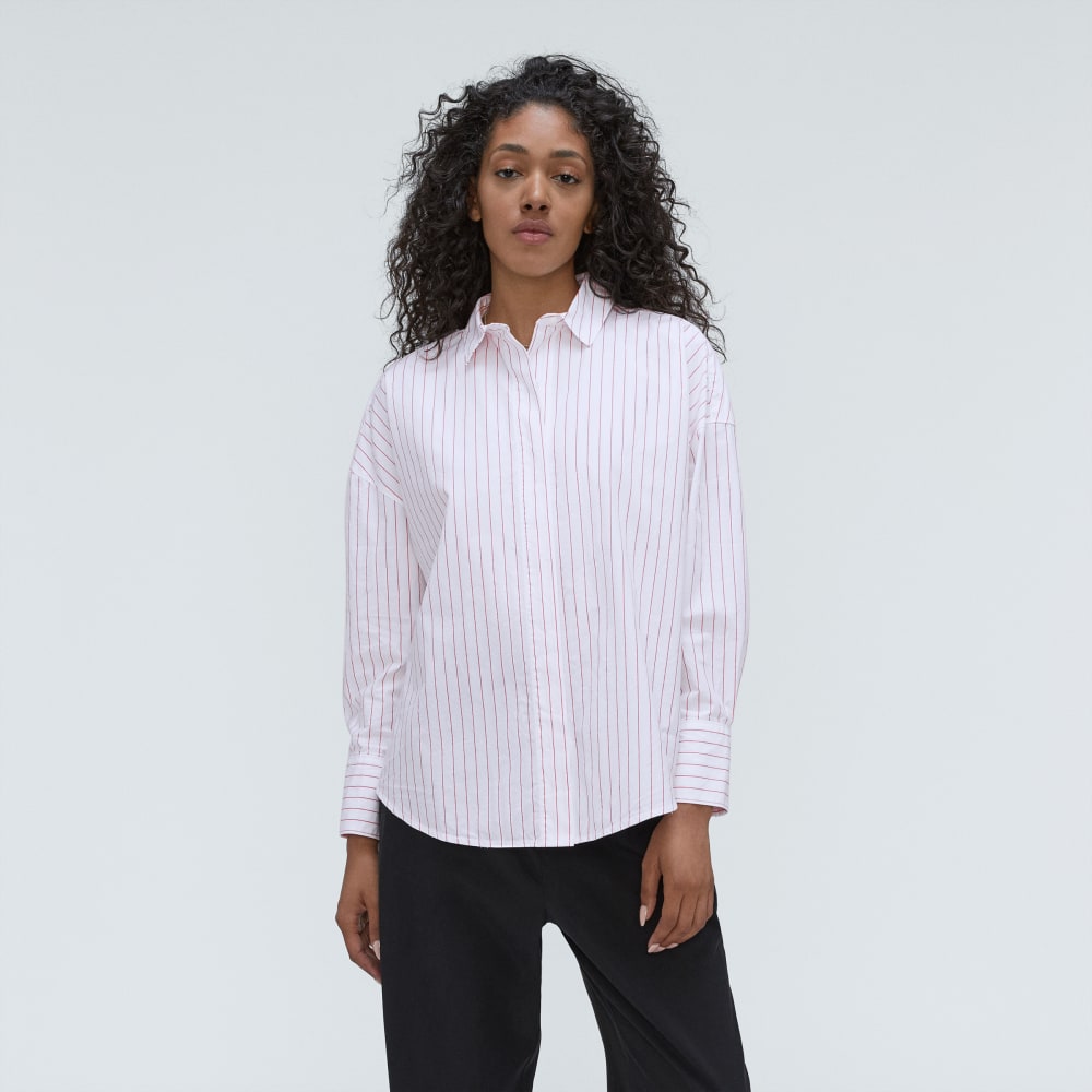 The Oversized Poplin Shirt in Equestrian Red / White — front view